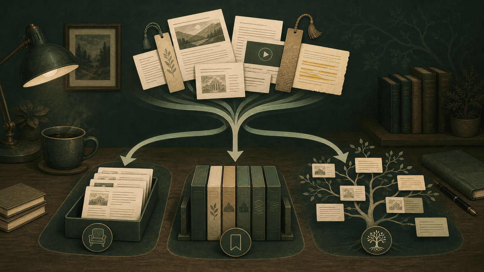 Saved articles branching into a reading queue, bookmark library, and personal knowledge tree