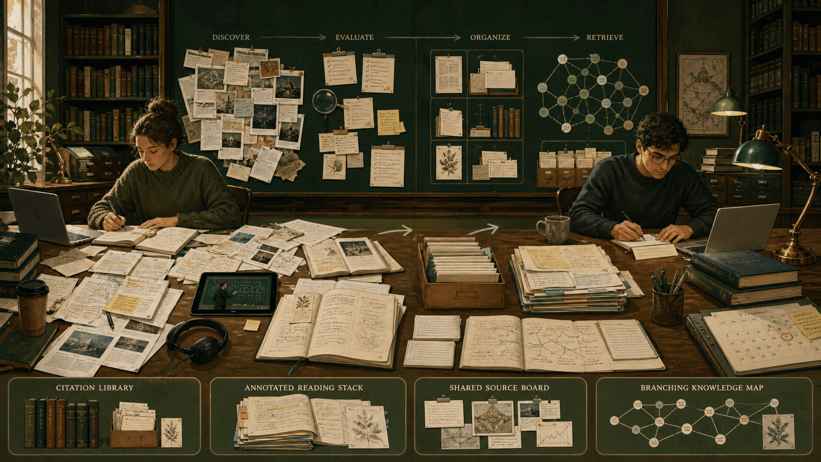 A student and researcher organizing papers, bookmarked sources, lecture notes, citations, and a knowledge map in a university library