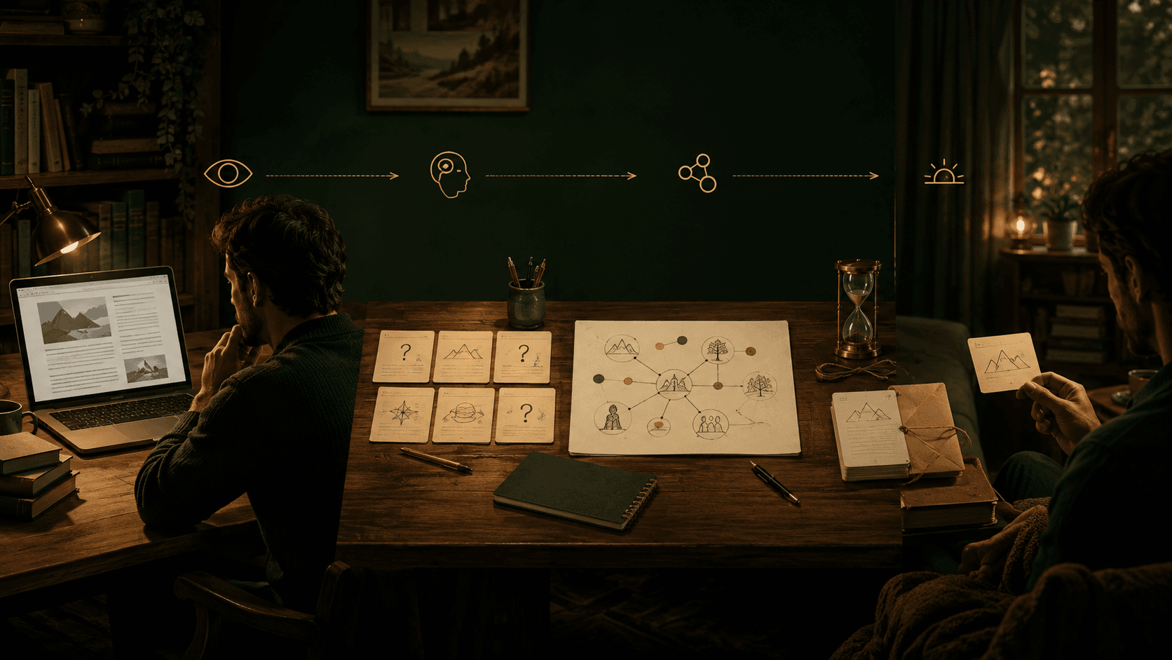 An online reader turning an article into recall questions, connected notes, and a future reminder